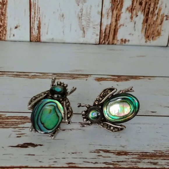 Jewelry - Abalone & Marcasite Sterling Bee Earrings